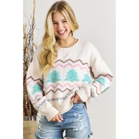 White Striped Christmas Tree Ribbed Trim Drop Shoulder Sweater - S thumbnail