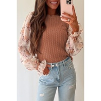 Golden Fleece Floral Patchwork Ruffled Cuff Cable Knit Sweater - L thumbnail