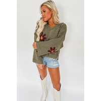 Sage Green Flower Knit Ribbed Trim V Neck Sweater - S thumbnail