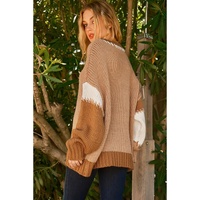 Light French Beige Color Block Contrast Stitch Oversized Sweater - M thumbnail