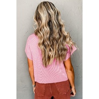 Pink Patch Pocket Ribbed Knit Short Sleeve Sweater - M thumbnail