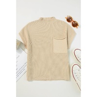Oatmeal Patch Pocket Ribbed Knit Short Sleeve Sweater - L thumbnail
