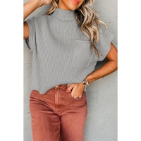Gray Patch Pocket Ribbed Knit Short Sleeve Sweater - M thumbnail