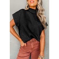 Black Patch Pocket Ribbed Knit Short Sleeve Sweater - XL thumbnail