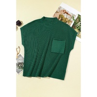 Blackish Green Patch Pocket Ribbed Knit Short Sleeve Sweater - XL thumbnail