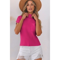 Rose Red Patch Pocket Ribbed Knit Short Sleeve Sweater - L thumbnail