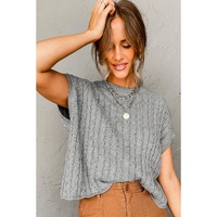 Gray Crew Neck Cable Knit Short Sleeve Sweater - XL thumbnail