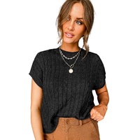 Black Crew Neck Cable Knit Short Sleeve Sweater - L thumbnail