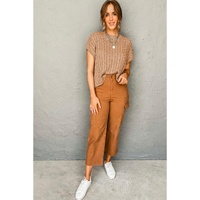 Light French Beige Crew Neck Cable Knit Short Sleeve Sweater - L thumbnail