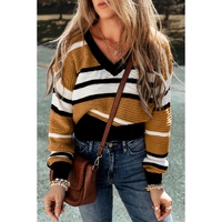 Brown Stripe Contrast Stripes V Neck Textured Knit Sweater - L thumbnail