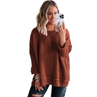 Gold Flame Solid Color Textured Crew Neck Loose Sweater - L thumbnail