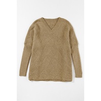 Camel Checkered Textured Batwing Sleeve Sweater - L thumbnail