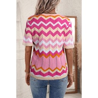 Pink Stripe Chevron Pointelle Knit V Neck Short Sleeve Sweater - L thumbnail
