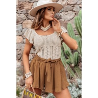 Beige Pointelle Knit Flutter Sleeve Sweater - L thumbnail