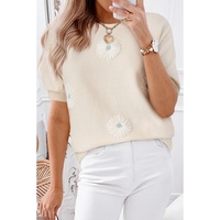 Beige Flower Pattern Short Sleeve Knitted Top - L thumbnail