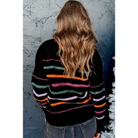 Black Colorful Striped Ribbed Trim Sweater - XL thumbnail