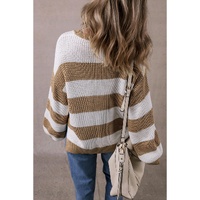 Light French Beige Colorblock Striped Drop Shoulder Side Slit Sweater - L thumbnail