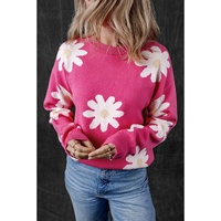 Bright Pink Daisy Flower Crew Neck Long Sleeve Sweater - XL thumbnail