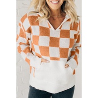 Gold Flame Checkered Split Neck Contrast Kangaroo Pocket Hooded Sweater - L thumbnail