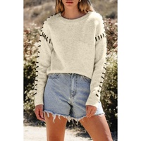 White Contrast Stitch Detail Ribbed Trim Sweater - L thumbnail