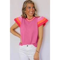 Bright Pink Contrast Flutter Sleeves Knitted Sweater T Shirt - M thumbnail