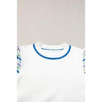 White Crochet Striped Bubble Sleeve Knit Sweater - S thumbnail