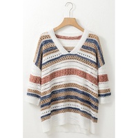 Multicolour Striped Hollow Out Half Sleeve Knitted Sweater - M thumbnail