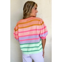 Rose Red Colorful Stripe Bubble Short Sleeve Sweater - M thumbnail