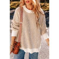 Chestnut Striped Textured Knit Contrast Edge Loose Sweater - L thumbnail