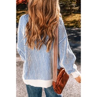 Dark Blue Striped Textured Knit Contrast Edge Loose Sweater - 2XL thumbnail