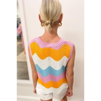 Multicolour Striped Colorblock Scalloped Hem Knitted Vest - M thumbnail