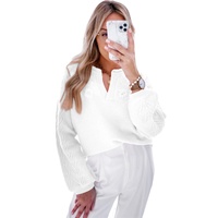 White Flower Detail Knitted Notched Neck Sweater - M thumbnail