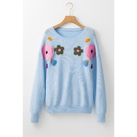 Light Blue Knitted Flower Pattern Ribbed Edge Sweater - L thumbnail
