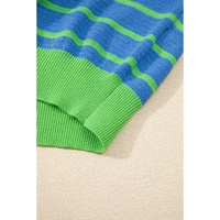 Sky Blue Stripe Trimmed Round Neck Drop Shoulder Loose Sweater - L thumbnail