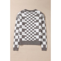 Gray Checkered Print Drop Shoulder Round Neck Sweater - L thumbnail