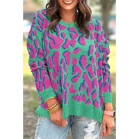 Green Abstract Print Ribbed Trim Baggy Sweater - M thumbnail
