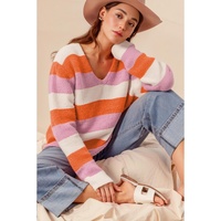 Orange Stripe Colorblock V Neck Casual Sweater - L thumbnail