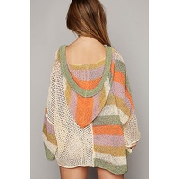 Beige Oversized Colorblock V Neck Hooded Sweater - L thumbnail