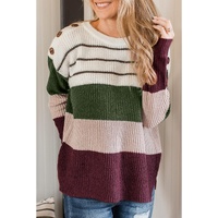 Green Color Block Striped Buttoned Shoulder Split Sweater - XL thumbnail