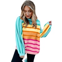 Yellow Stripe Gradient Striped Ribbed Edge Loose Sweater - M thumbnail