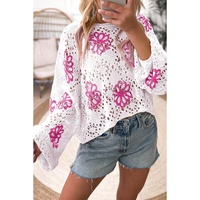 White Contrast Flower Print Eyelet Drop Shoulder Sweater - L thumbnail