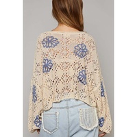Beige Contrast Flower Print Eyelet Drop Shoulder Sweater - L thumbnail