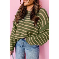 Green Stripe Drop Shoulder Casual Sweater - M thumbnail