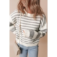 Gray Stripe Drop Shoulder Crew Neck Sweater - L thumbnail