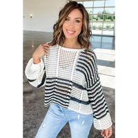 White Stripe Contrast Striped Crochet Puff Sleeve Sweater - L thumbnail