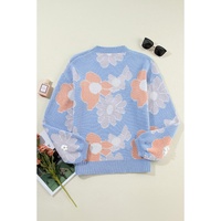 Beau Blue Floral O Neck Drop Shoulder Knitted Sweater - S thumbnail