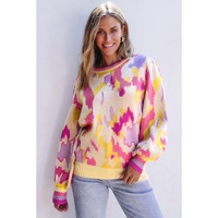 Khaki Abstract Print Colorblock Balloon Sleeve Sweater - L thumbnail