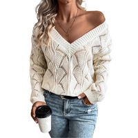 Beige Hollow Out Knit V Neck Drop Shoulder Sweater - M thumbnail