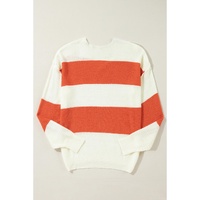 Orange Stripe Loose Color Block Drop Shoulder Bubble Sleeve Sweater - L thumbnail