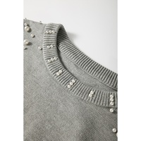 Light Grey Pearled Drop Shoulder Round Neck Sweater - L thumbnail